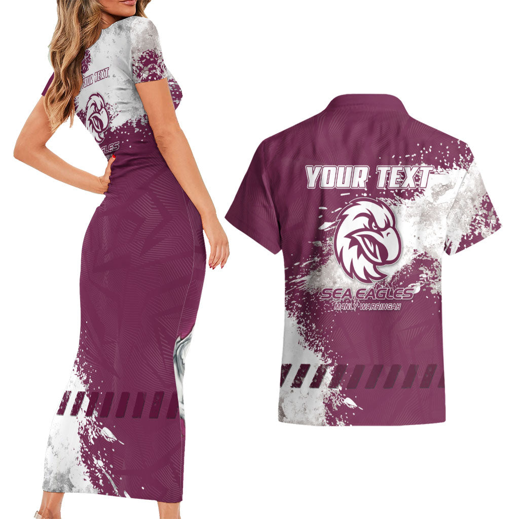 Personalised Manly Warringah Sea Eagles Rugby Couples Matching Short Sleeve Bodycon Dress and Hawaiian Shirt MAN Mascot - Sporty Splash Art Style