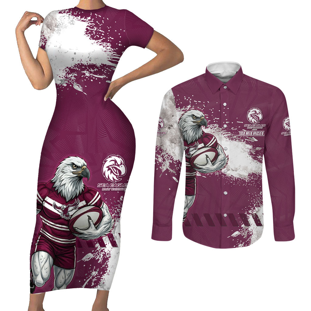 Personalised Manly Warringah Sea Eagles Rugby Couples Matching Short Sleeve Bodycon Dress and Long Sleeve Button Shirt MAN Mascot - Sporty Splash Art Style