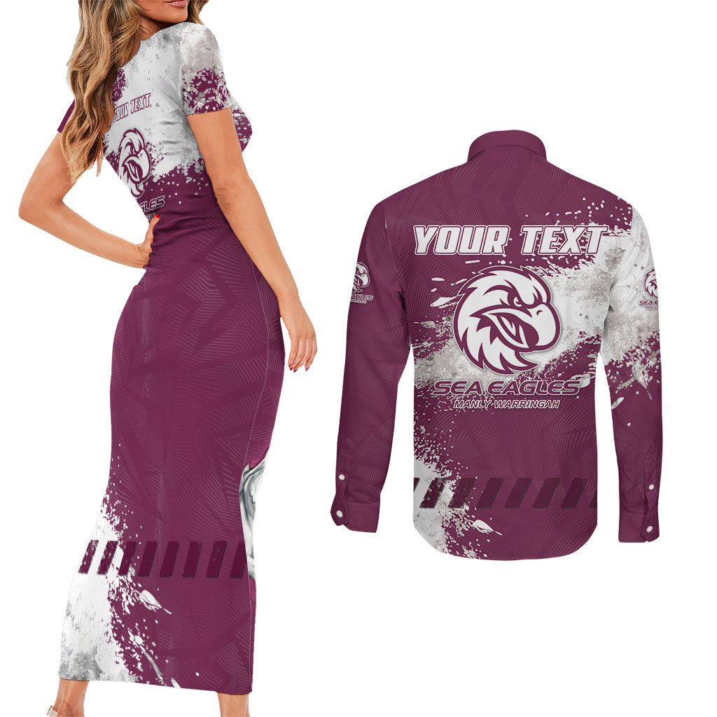 Personalised Manly Warringah Sea Eagles Rugby Couples Matching Short Sleeve Bodycon Dress and Long Sleeve Button Shirt MAN Mascot - Sporty Splash Art Style