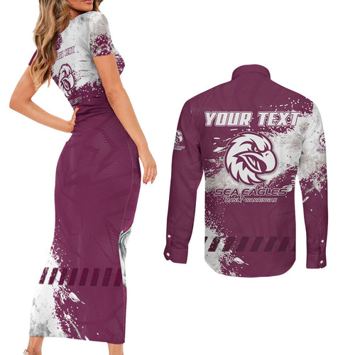 Personalised Manly Warringah Sea Eagles Rugby Couples Matching Short Sleeve Bodycon Dress and Long Sleeve Button Shirt MAN Mascot - Sporty Splash Art Style