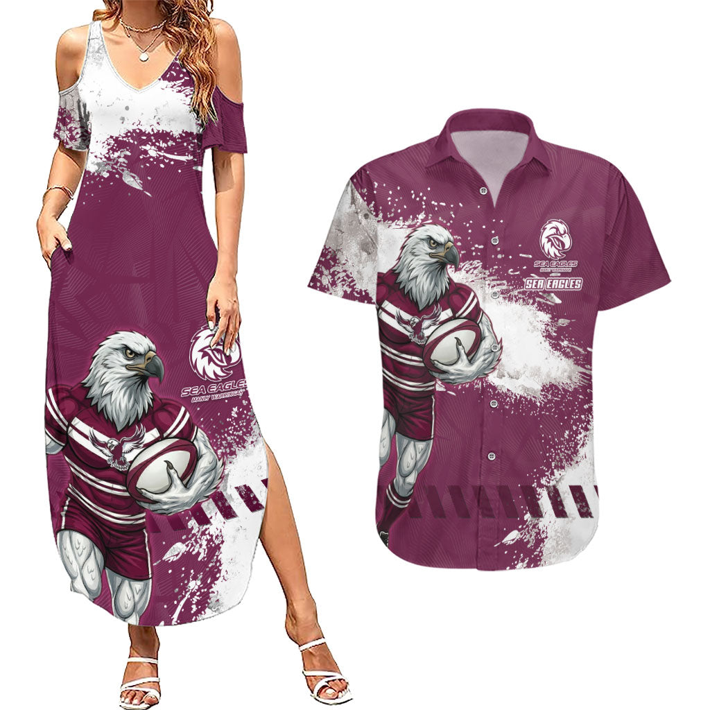 Personalised Manly Warringah Sea Eagles Rugby Couples Matching Summer Maxi Dress and Hawaiian Shirt MAN Mascot - Sporty Splash Art Style