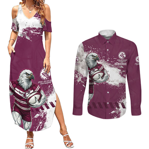 Personalised Manly Warringah Sea Eagles Rugby Couples Matching Summer Maxi Dress and Long Sleeve Button Shirt MAN Mascot - Sporty Splash Art Style