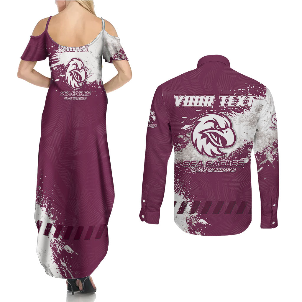 Personalised Manly Warringah Sea Eagles Rugby Couples Matching Summer Maxi Dress and Long Sleeve Button Shirt MAN Mascot - Sporty Splash Art Style