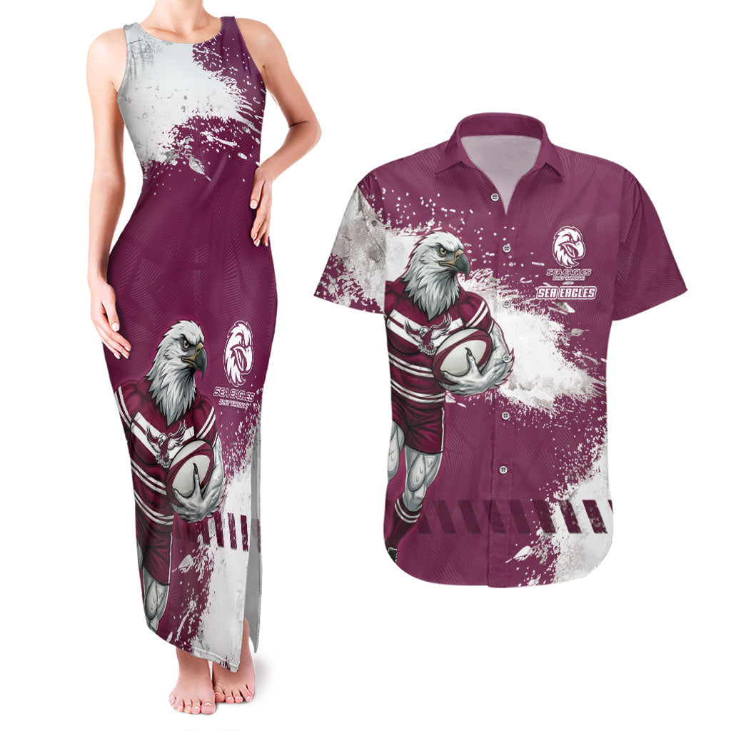 Personalised Manly Warringah Sea Eagles Rugby Couples Matching Tank Maxi Dress and Hawaiian Shirt MAN Mascot - Sporty Splash Art Style