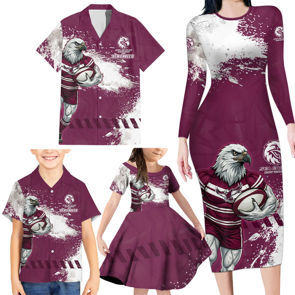 Personalised Manly Warringah Sea Eagles Rugby Family Matching Long Sleeve Bodycon Dress and Hawaiian Shirt MAN Mascot - Sporty Splash Art Style