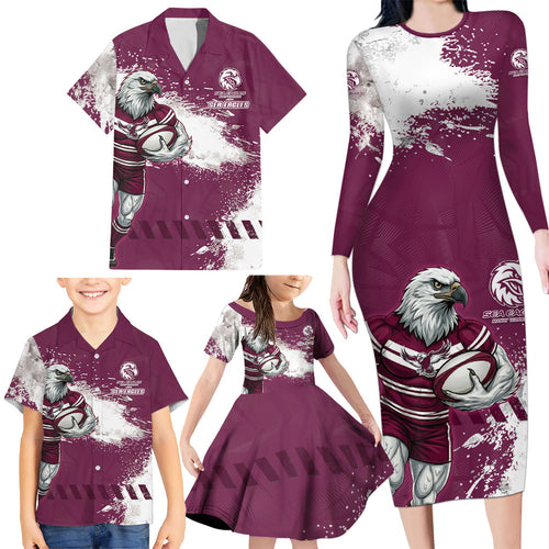 Personalised Manly Warringah Sea Eagles Rugby Family Matching Long Sleeve Bodycon Dress and Hawaiian Shirt MAN Mascot - Sporty Splash Art Style