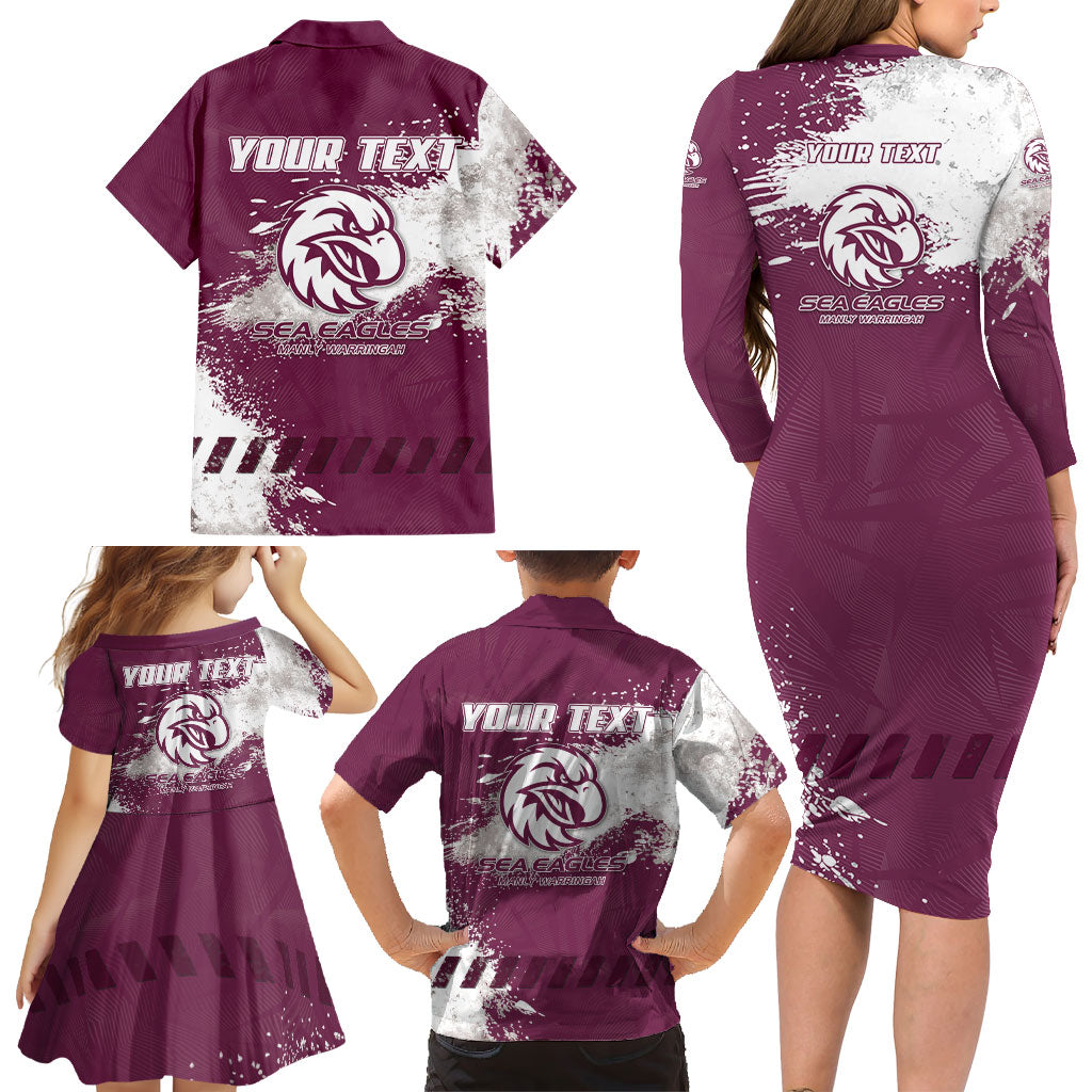 Personalised Manly Warringah Sea Eagles Rugby Family Matching Long Sleeve Bodycon Dress and Hawaiian Shirt MAN Mascot - Sporty Splash Art Style