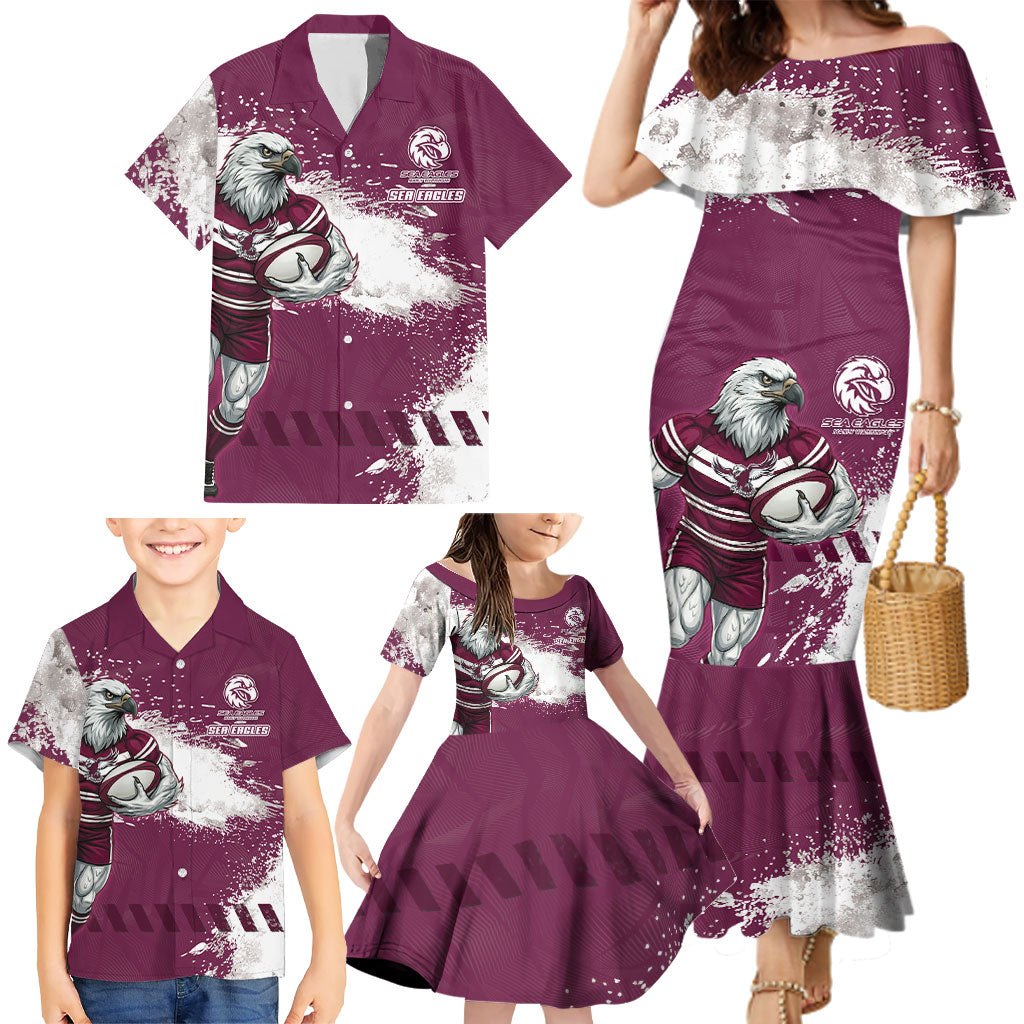 Personalised Manly Warringah Sea Eagles Rugby Family Matching Mermaid Dress and Hawaiian Shirt MAN Mascot - Sporty Splash Art Style