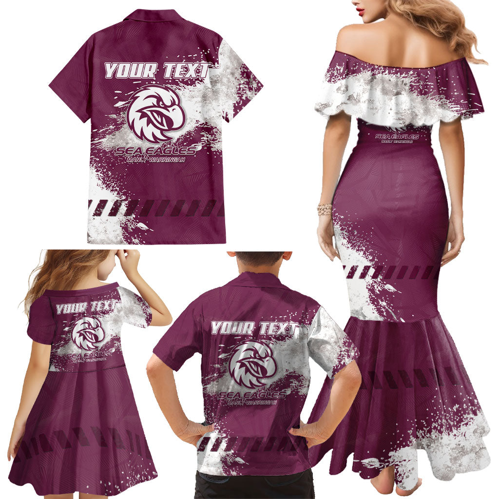 Personalised Manly Warringah Sea Eagles Rugby Family Matching Mermaid Dress and Hawaiian Shirt MAN Mascot - Sporty Splash Art Style