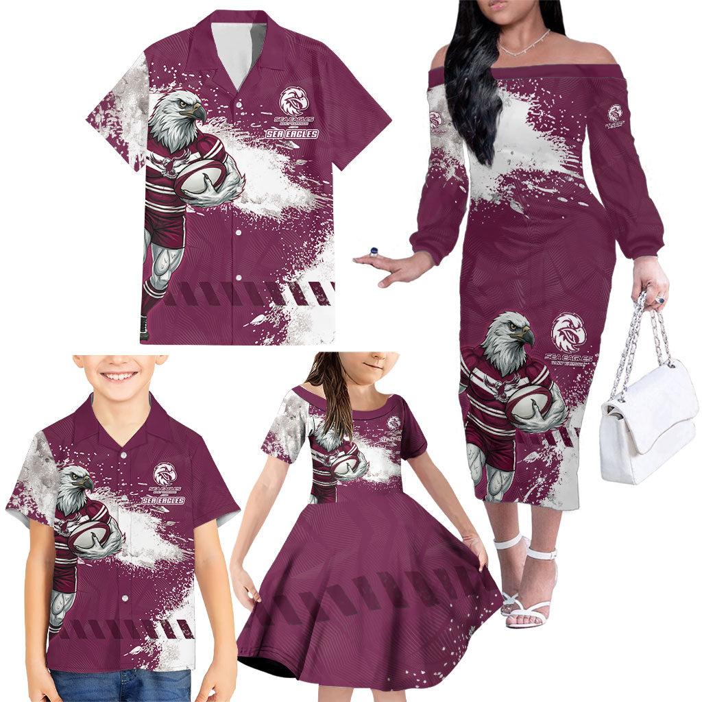 Personalised Manly Warringah Sea Eagles Rugby Family Matching Off The Shoulder Long Sleeve Dress and Hawaiian Shirt MAN Mascot - Sporty Splash Art Style