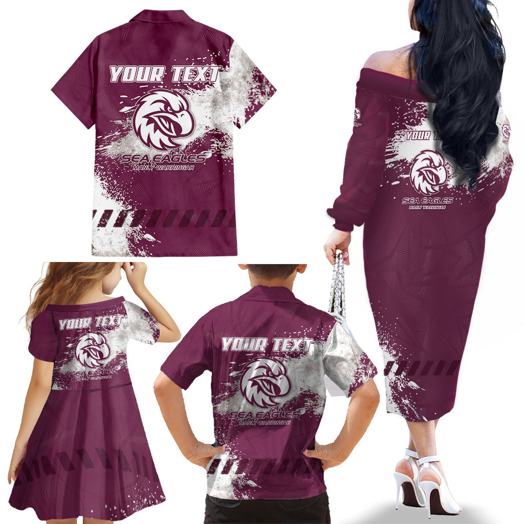 Personalised Manly Warringah Sea Eagles Rugby Family Matching Off The Shoulder Long Sleeve Dress and Hawaiian Shirt MAN Mascot - Sporty Splash Art Style