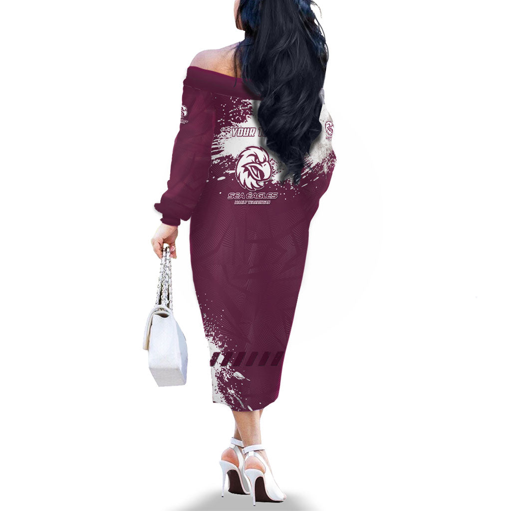 Personalised Manly Warringah Sea Eagles Rugby Family Matching Off The Shoulder Long Sleeve Dress and Hawaiian Shirt MAN Mascot - Sporty Splash Art Style