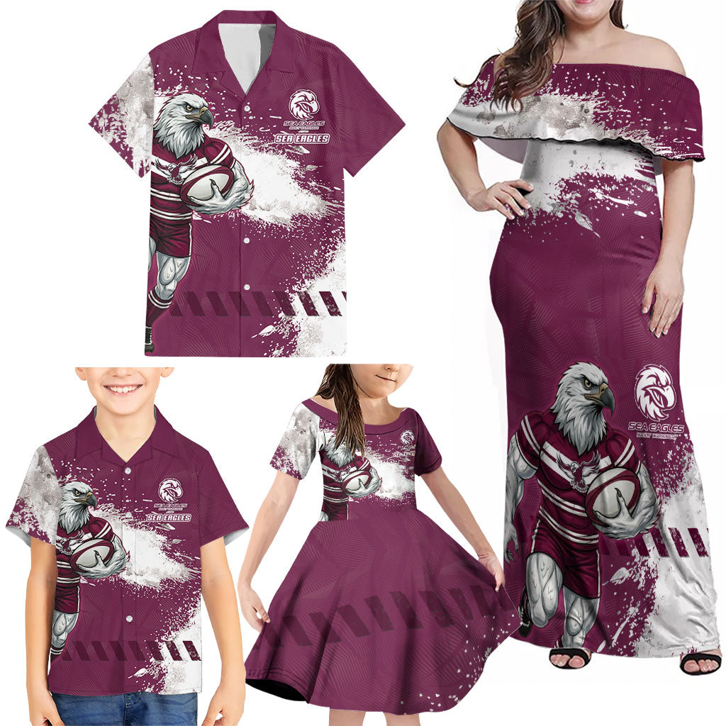 Personalised Manly Warringah Sea Eagles Rugby Family Matching Off Shoulder Maxi Dress and Hawaiian Shirt MAN Mascot - Sporty Splash Art Style