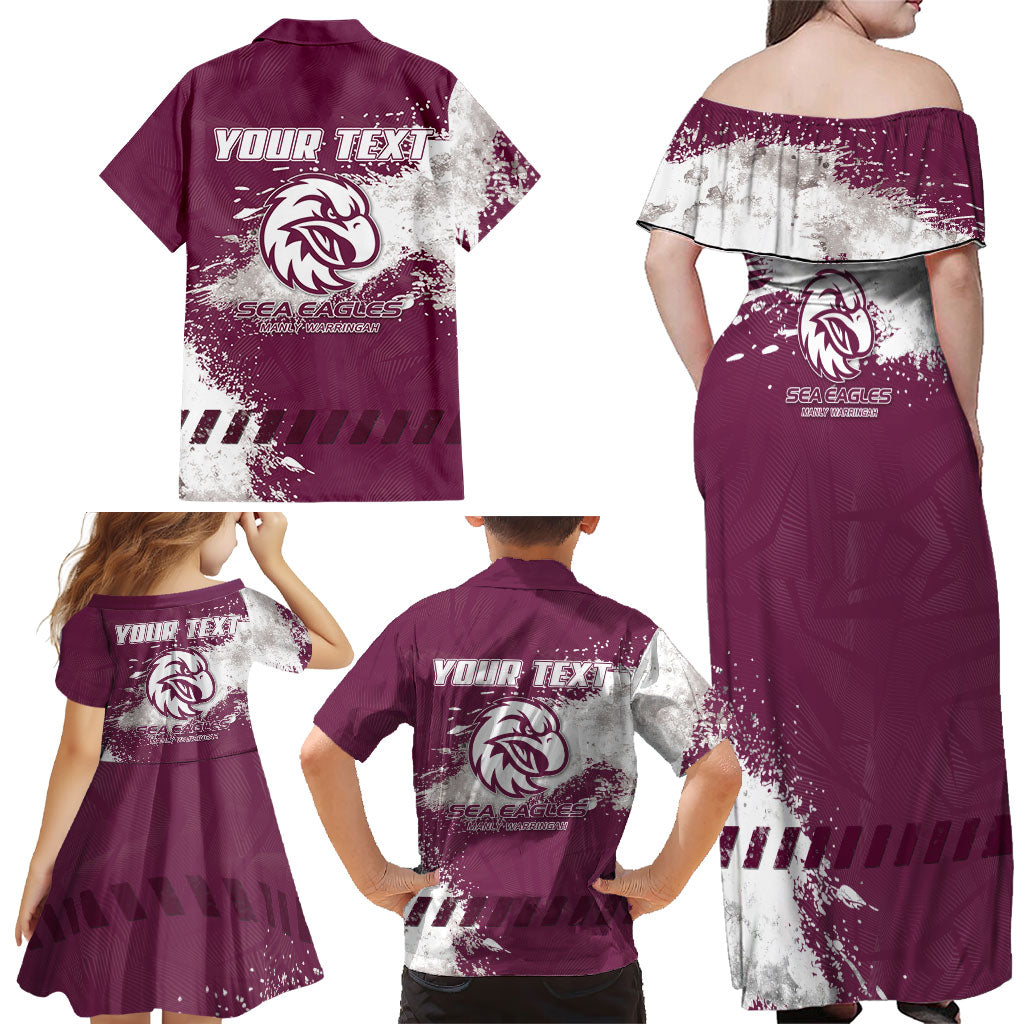 Personalised Manly Warringah Sea Eagles Rugby Family Matching Off Shoulder Maxi Dress and Hawaiian Shirt MAN Mascot - Sporty Splash Art Style