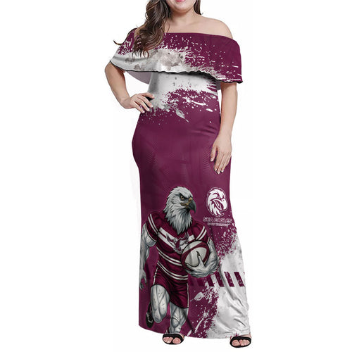 Personalised Manly Warringah Sea Eagles Rugby Family Matching Off Shoulder Maxi Dress and Hawaiian Shirt MAN Mascot - Sporty Splash Art Style