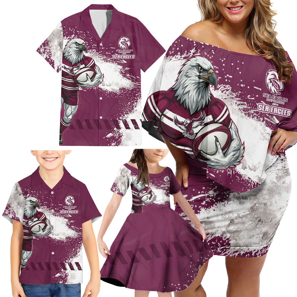 Personalised Manly Warringah Sea Eagles Rugby Family Matching Off Shoulder Short Dress and Hawaiian Shirt MAN Mascot - Sporty Splash Art Style
