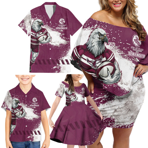 Personalised Manly Warringah Sea Eagles Rugby Family Matching Off Shoulder Short Dress and Hawaiian Shirt MAN Mascot - Sporty Splash Art Style