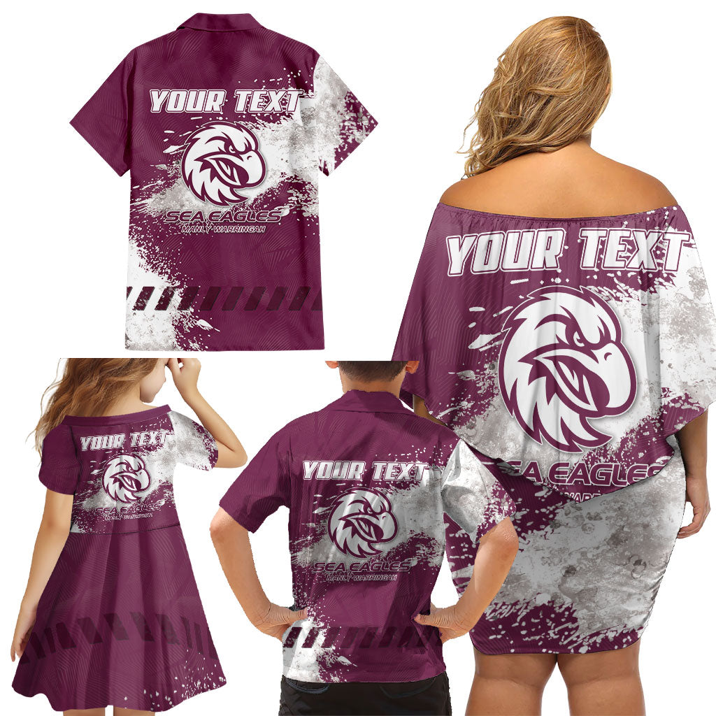 Personalised Manly Warringah Sea Eagles Rugby Family Matching Off Shoulder Short Dress and Hawaiian Shirt MAN Mascot - Sporty Splash Art Style