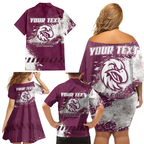 Personalised Manly Warringah Sea Eagles Rugby Family Matching Off Shoulder Short Dress and Hawaiian Shirt MAN Mascot - Sporty Splash Art Style