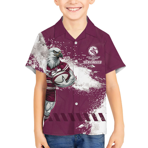 Personalised Manly Warringah Sea Eagles Rugby Family Matching Off Shoulder Short Dress and Hawaiian Shirt MAN Mascot - Sporty Splash Art Style