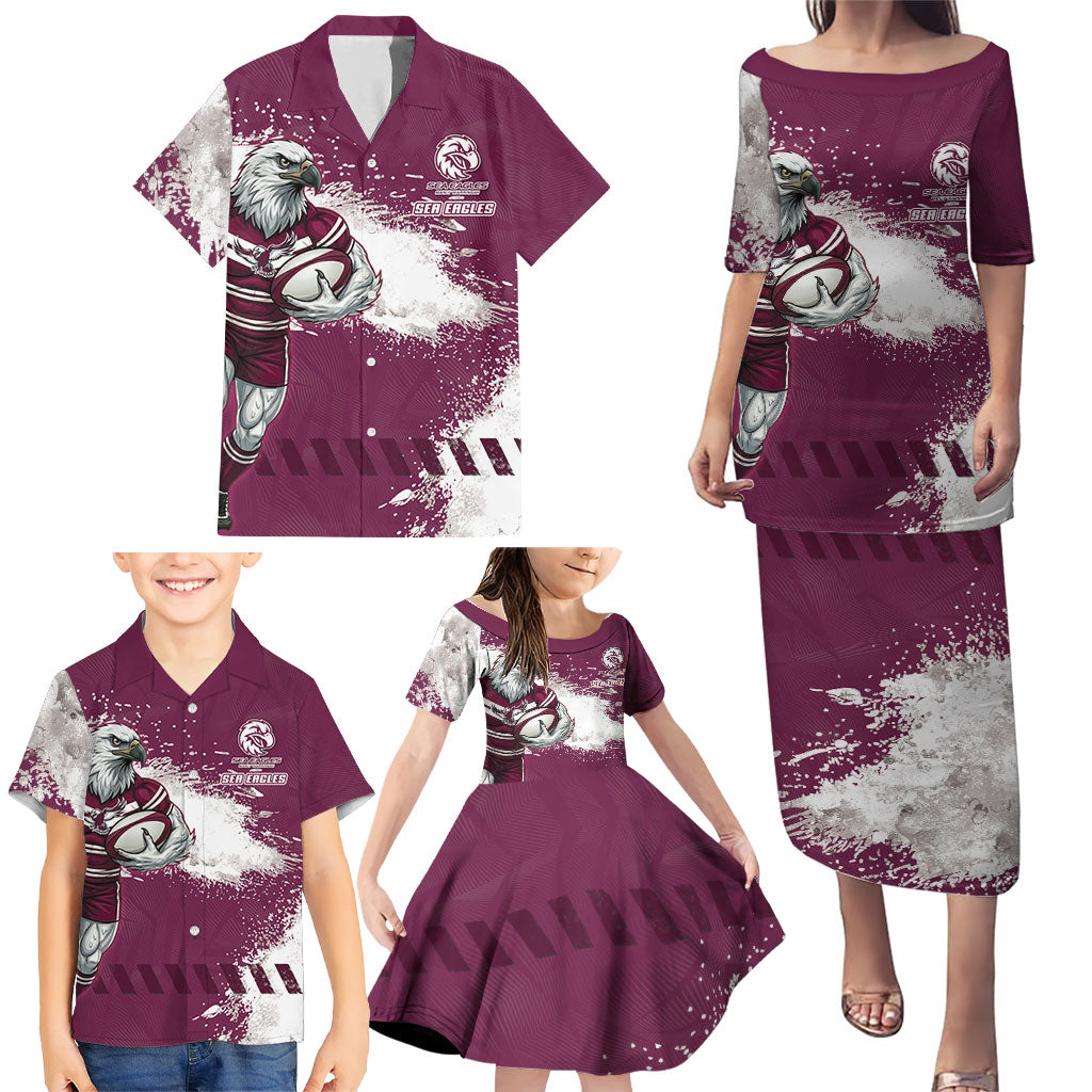 Personalised Manly Warringah Sea Eagles Rugby Family Matching Puletasi and Hawaiian Shirt MAN Mascot - Sporty Splash Art Style