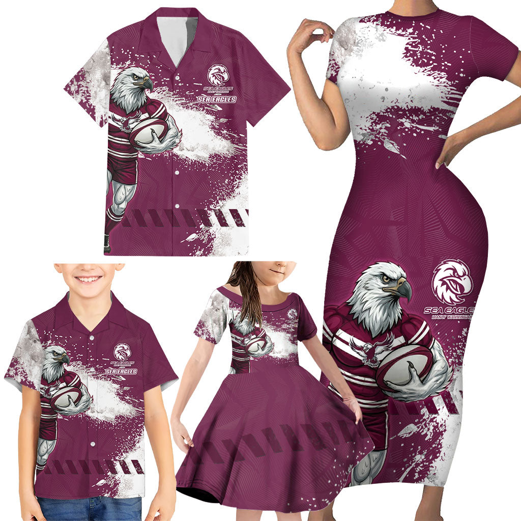 Personalised Manly Warringah Sea Eagles Rugby Family Matching Short Sleeve Bodycon Dress and Hawaiian Shirt MAN Mascot - Sporty Splash Art Style