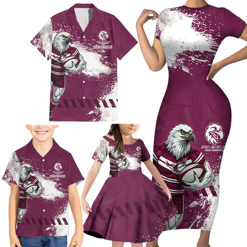 Personalised Manly Warringah Sea Eagles Rugby Family Matching Short Sleeve Bodycon Dress and Hawaiian Shirt MAN Mascot - Sporty Splash Art Style