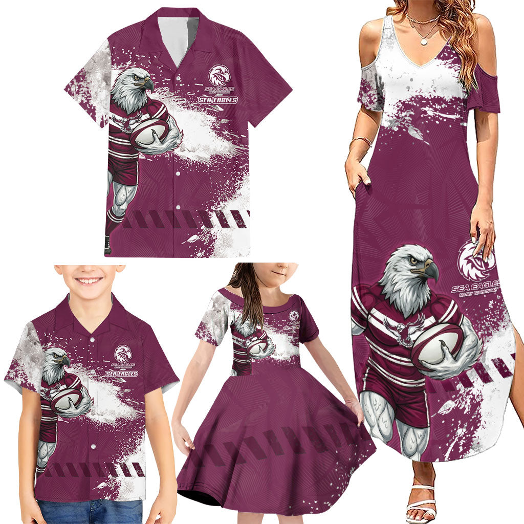 Personalised Manly Warringah Sea Eagles Rugby Family Matching Summer Maxi Dress and Hawaiian Shirt MAN Mascot - Sporty Splash Art Style
