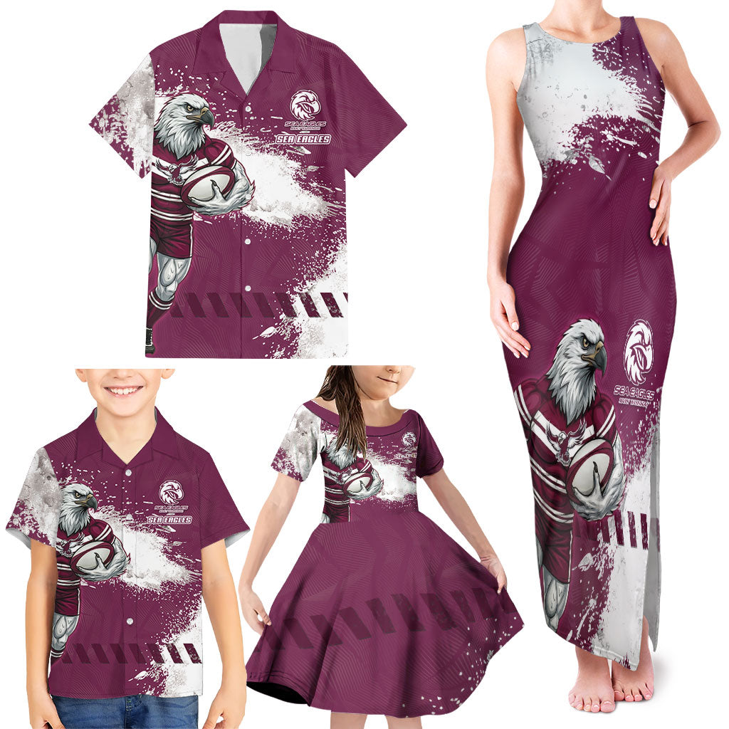 Personalised Manly Warringah Sea Eagles Rugby Family Matching Tank Maxi Dress and Hawaiian Shirt MAN Mascot - Sporty Splash Art Style
