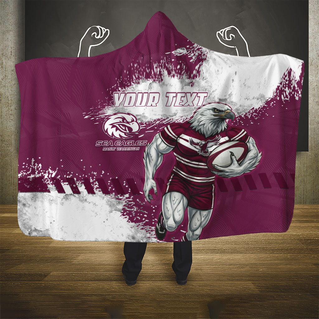 Personalised Manly Warringah Sea Eagles Rugby Hooded Blanket MAN Mascot - Sporty Splash Art Style