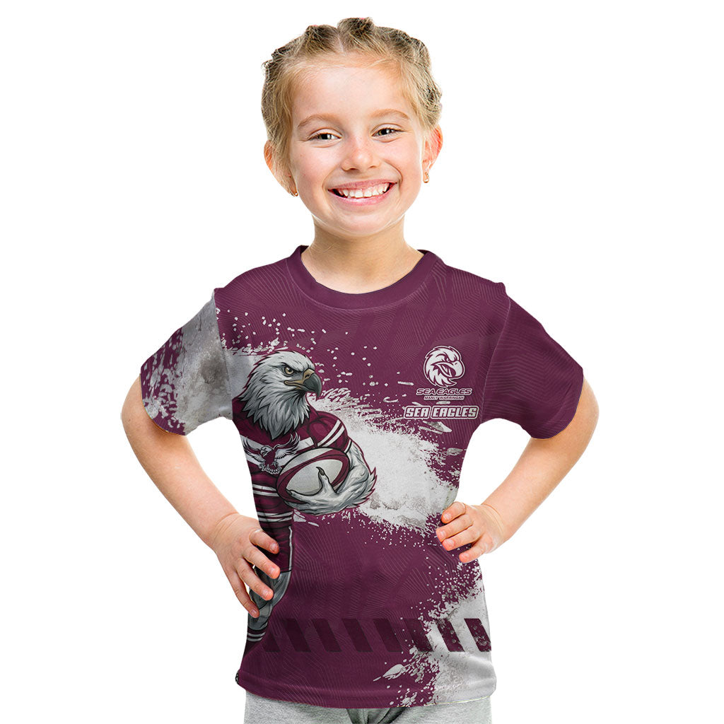 Personalised Manly Warringah Sea Eagles Rugby Kid T Shirt MAN Mascot - Sporty Splash Art Style