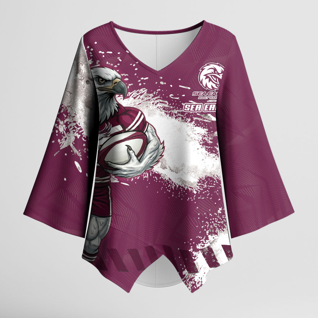 Personalised Manly Warringah Sea Eagles Rugby Kimono Sleeve Blouse MAN Mascot - Sporty Splash Art Style