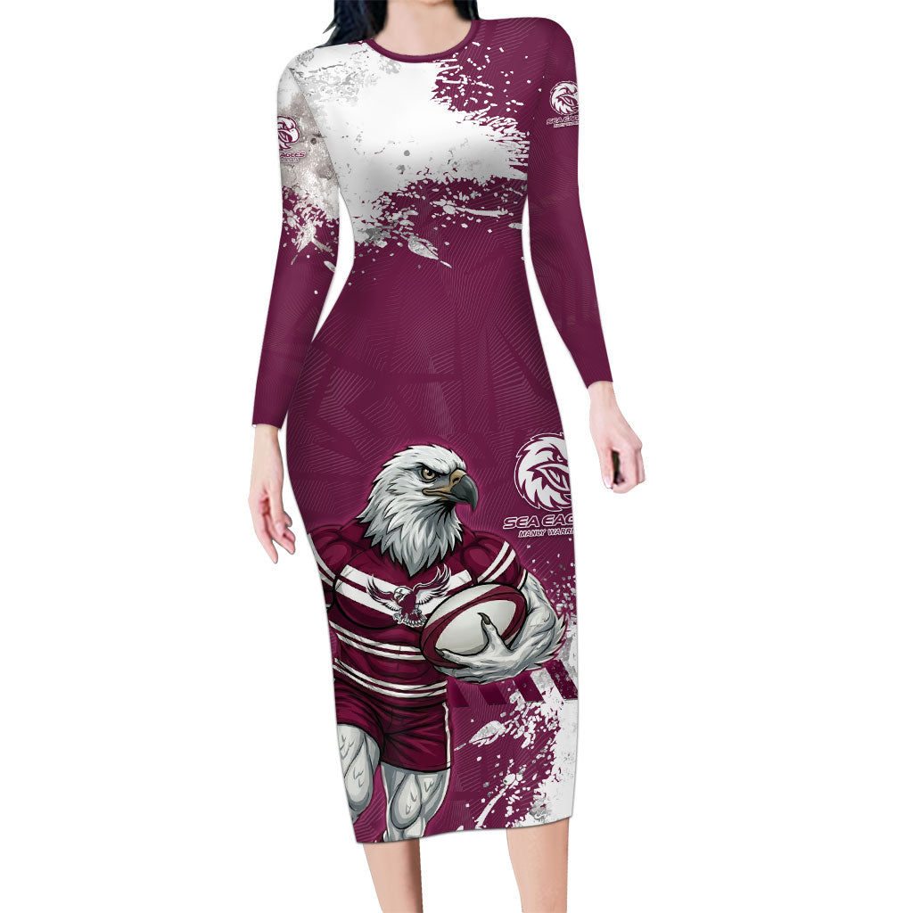 Personalised Manly Warringah Sea Eagles Rugby Long Sleeve Bodycon Dress MAN Mascot - Sporty Splash Art Style