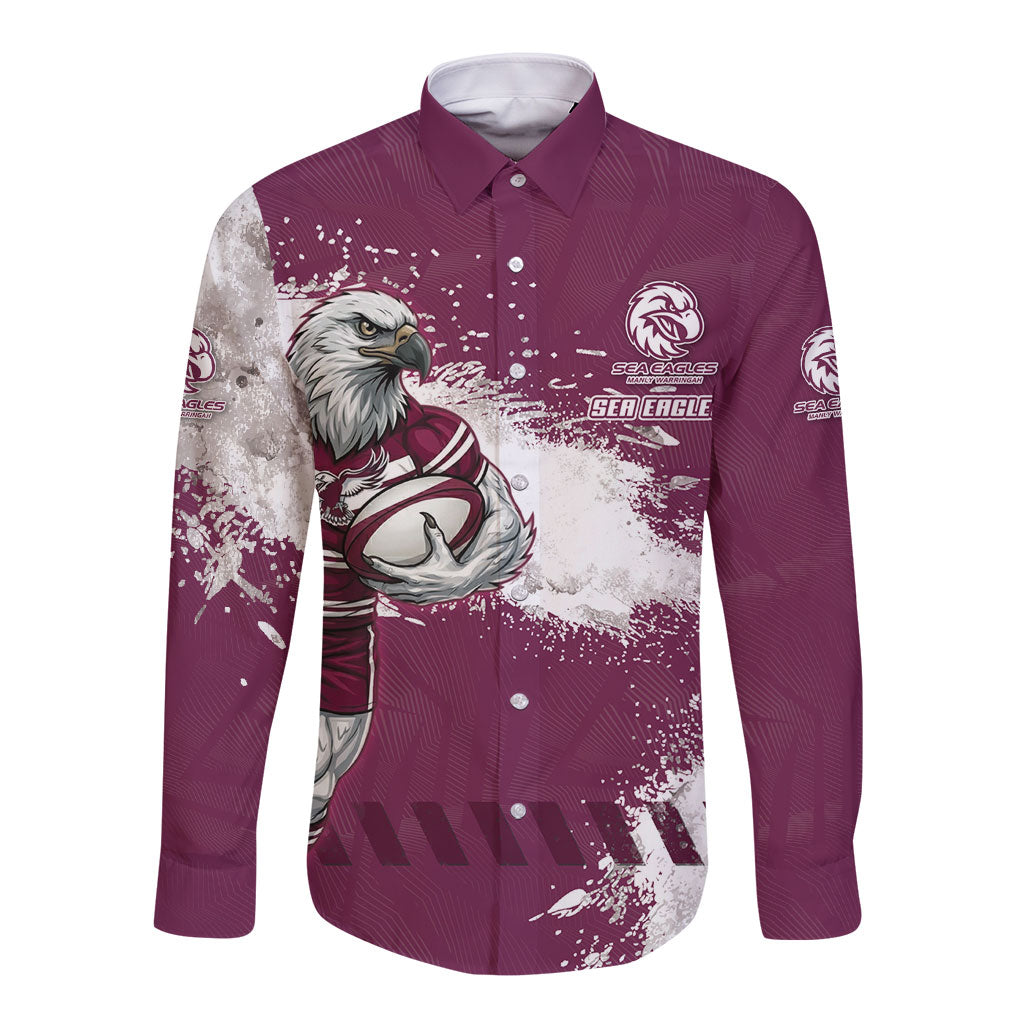 Personalised Manly Warringah Sea Eagles Rugby Long Sleeve Button Shirt MAN Mascot - Sporty Splash Art Style