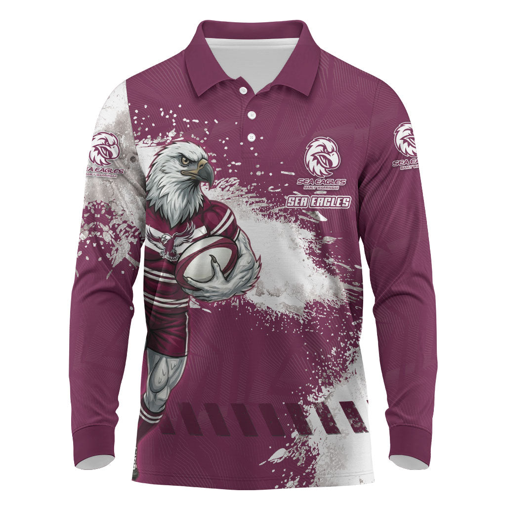 Personalised Manly Warringah Sea Eagles Rugby Long Sleeve Polo Shirt MAN Mascot - Sporty Splash Art Style