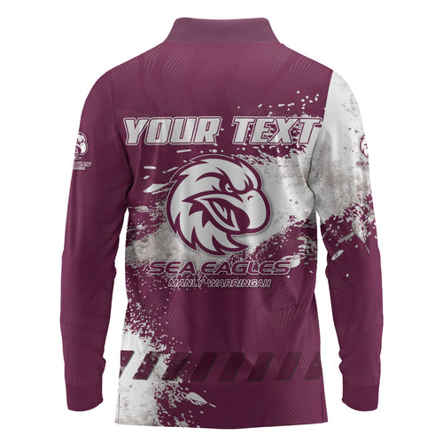 Personalised Manly Warringah Sea Eagles Rugby Long Sleeve Polo Shirt MAN Mascot - Sporty Splash Art Style