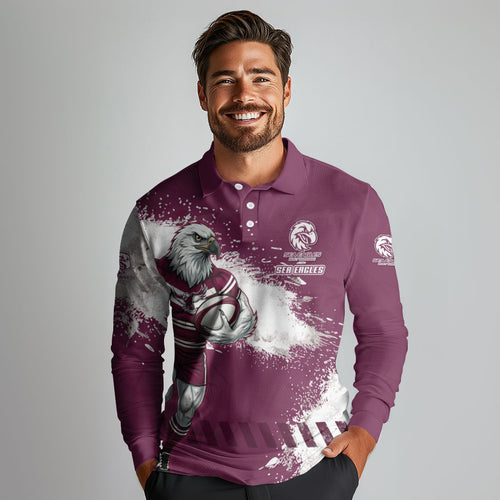 Personalised Manly Warringah Sea Eagles Rugby Long Sleeve Polo Shirt MAN Mascot - Sporty Splash Art Style
