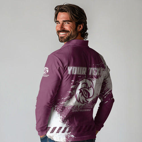 Personalised Manly Warringah Sea Eagles Rugby Long Sleeve Polo Shirt MAN Mascot - Sporty Splash Art Style