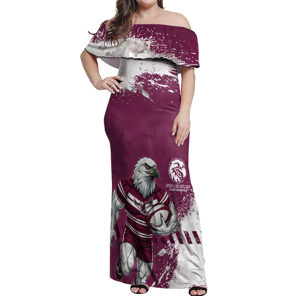 Personalised Manly Warringah Sea Eagles Rugby Off Shoulder Maxi Dress MAN Mascot - Sporty Splash Art Style