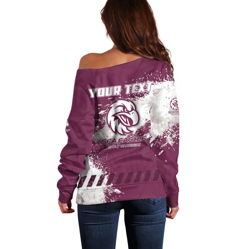 Personalised Manly Warringah Sea Eagles Rugby Off Shoulder Sweater MAN Mascot - Sporty Splash Art Style