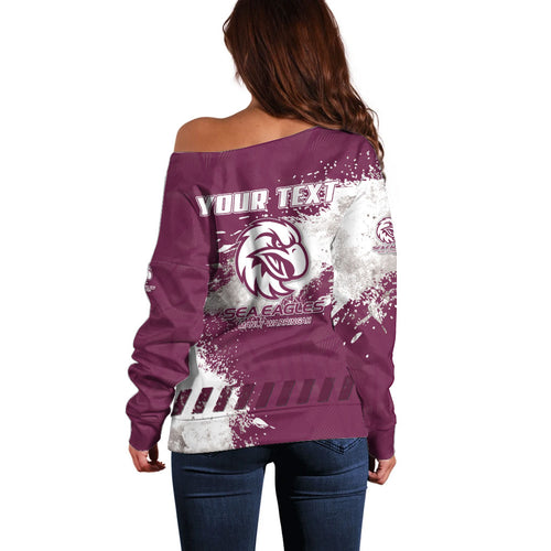 Personalised Manly Warringah Sea Eagles Rugby Off Shoulder Sweater MAN Mascot - Sporty Splash Art Style