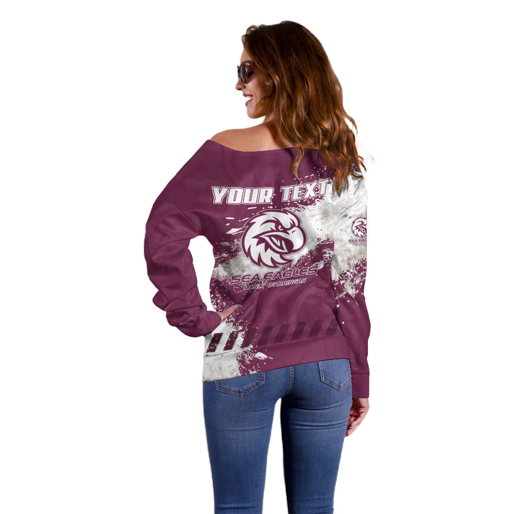 Personalised Manly Warringah Sea Eagles Rugby Off Shoulder Sweater MAN Mascot - Sporty Splash Art Style