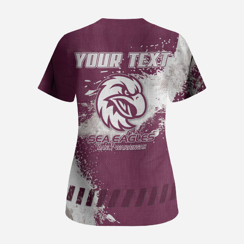 Personalised Manly Warringah Sea Eagles Rugby Scrub Top MAN Mascot - Sporty Splash Art Style