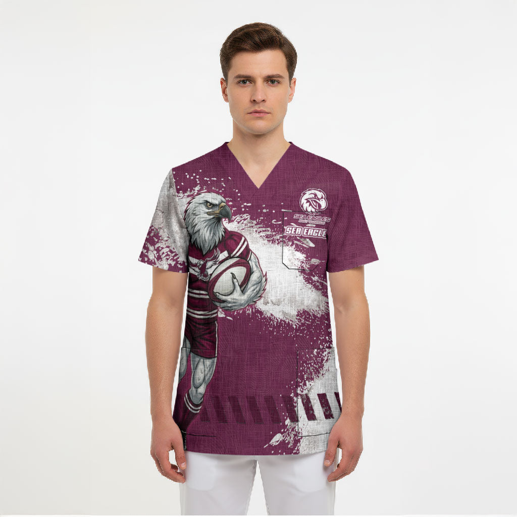 Personalised Manly Warringah Sea Eagles Rugby Scrub Top MAN Mascot - Sporty Splash Art Style