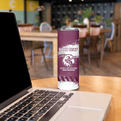 Personalised Manly Warringah Sea Eagles Rugby Skinny Tumbler MAN Mascot - Sporty Splash Art Style