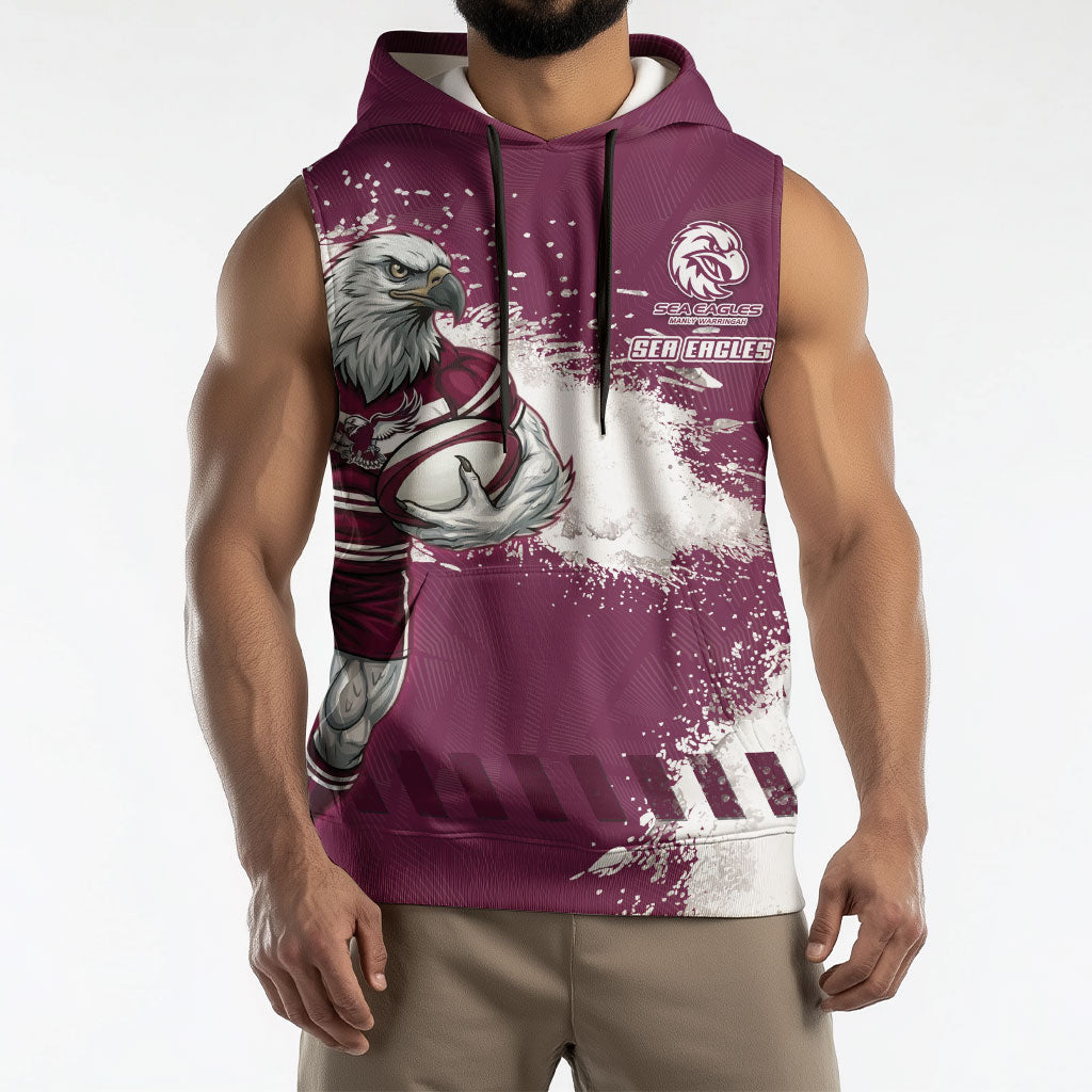 Personalised Manly Warringah Sea Eagles Rugby Sleeveless Hoodie MAN Mascot - Sporty Splash Art Style