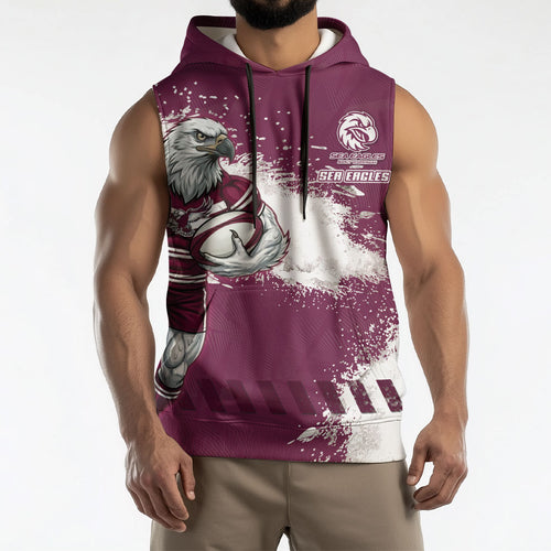 Personalised Manly Warringah Sea Eagles Rugby Sleeveless Hoodie MAN Mascot - Sporty Splash Art Style