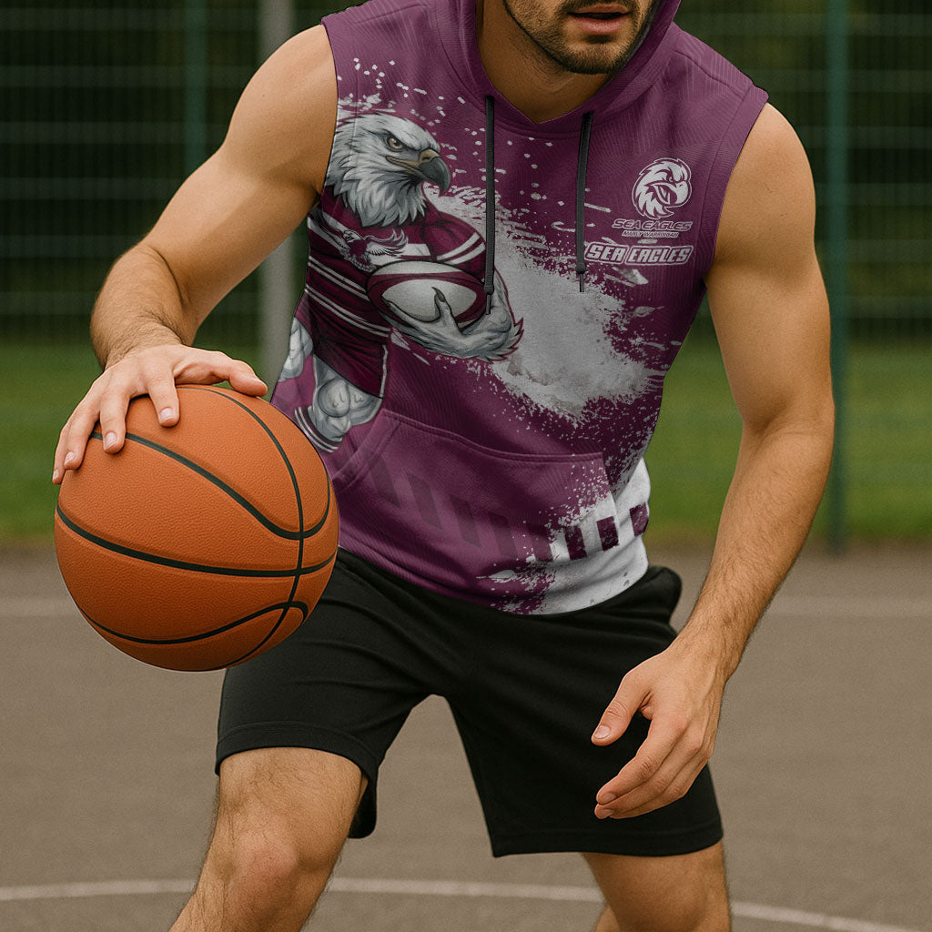 Personalised Manly Warringah Sea Eagles Rugby Sleeveless Hoodie MAN Mascot - Sporty Splash Art Style