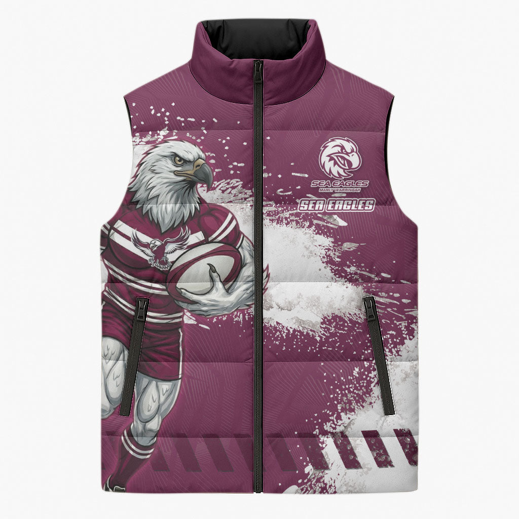 Personalised Manly Warringah Sea Eagles Rugby Sleeveless Puffer Jacket MAN Mascot - Sporty Splash Art Style