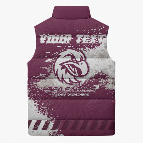 Personalised Manly Warringah Sea Eagles Rugby Sleeveless Puffer Jacket MAN Mascot - Sporty Splash Art Style
